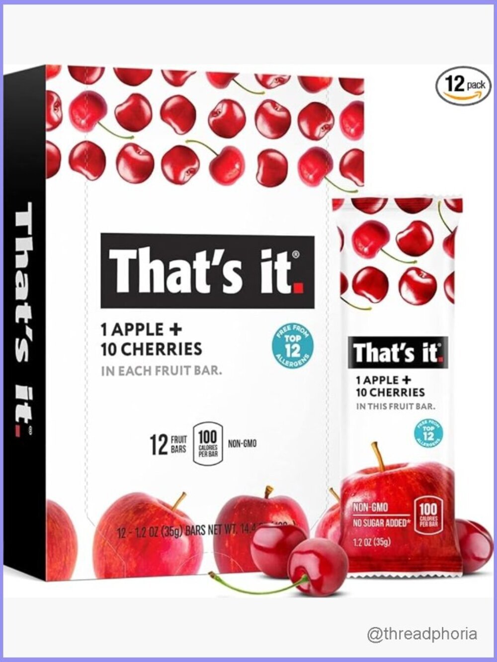 Apple + Cherry Fruit Bars, 12-Pack, Gluten Free, Vegan, High Fiber, No Sugar